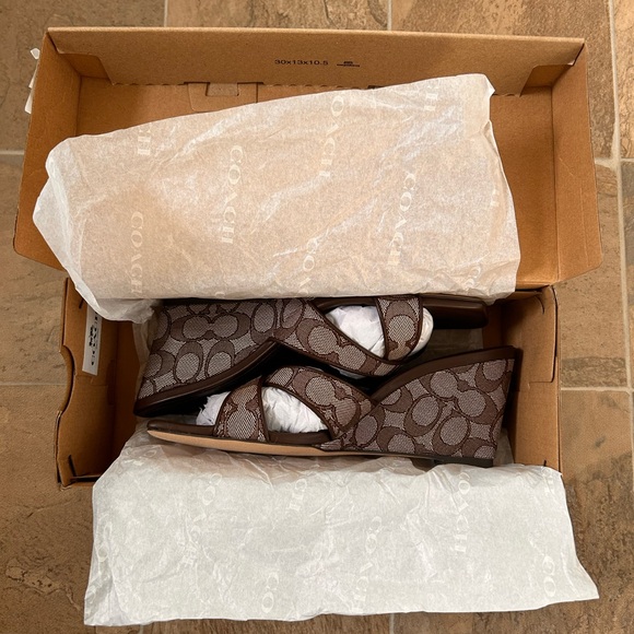 Coach Brown and Tan Wedge Sandals - Picture 3 of 6